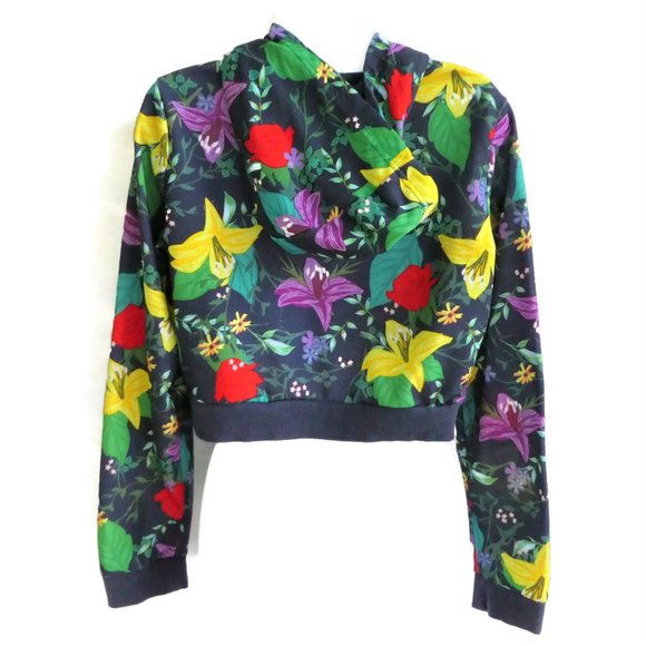 Adidas Sweatshirt Hood Floral Crop Trefoil Navy Ribbed Knit Cuffs Waistband XS - Picture 2 of 9